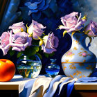 Soft pink roses in decorated vase with glass bowl, blue vase, orange on cloth