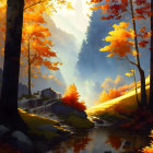 Autumnal forest scene: Sunlight, orange foliage, stream, mountains