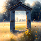 Sunlit Field View Through Rustic Wooden Window Frame