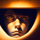 Detailed close-up of child's face with glowing amber eyes in golden hood against dark background