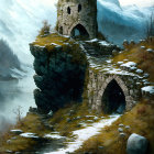 Medieval stone castle on cliff with bridge over water and rugged landscape