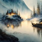 Lake evening scene: castle on islet, pine trees, mist, lone boat.