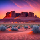 Desert landscape at sunset with sandstone buttes, sand dunes, shrubs, and vivid