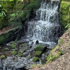 Tranquil waterfall painting with sunlight and foliage