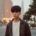 Portrait of person with dark hair and bangs in leather jacket against cityscape.