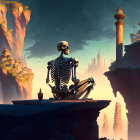 Skeleton Contemplating Cliff with Floating Islands