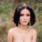 Dark-haired woman in floral headpiece, gold jewelry, against flower background.