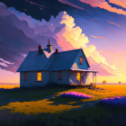 Tranquil digital painting of rural houses at dusk