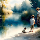 Children fishing at serene riverbank surrounded by lush greenery