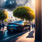 Luxury car parked on city street at sunset with pedestrians, dramatic clouds, and warm sunlight.