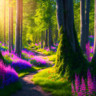 Tranquil forest path with wildflowers, tall trees, and warm sunlight.