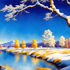 Snow-covered winter landscape with calm river and golden trees