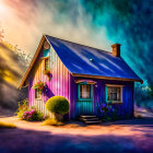 Colorful house with blooming balconies in sunlight and shadows against vibrant backdrop