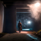 Alleyway scene: solitary figure in misty night ambiance