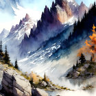 Snow-capped mountain landscape with stream and autumn trees