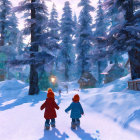 Children in colorful coats walking in snowy forest with sunlight and tall trees