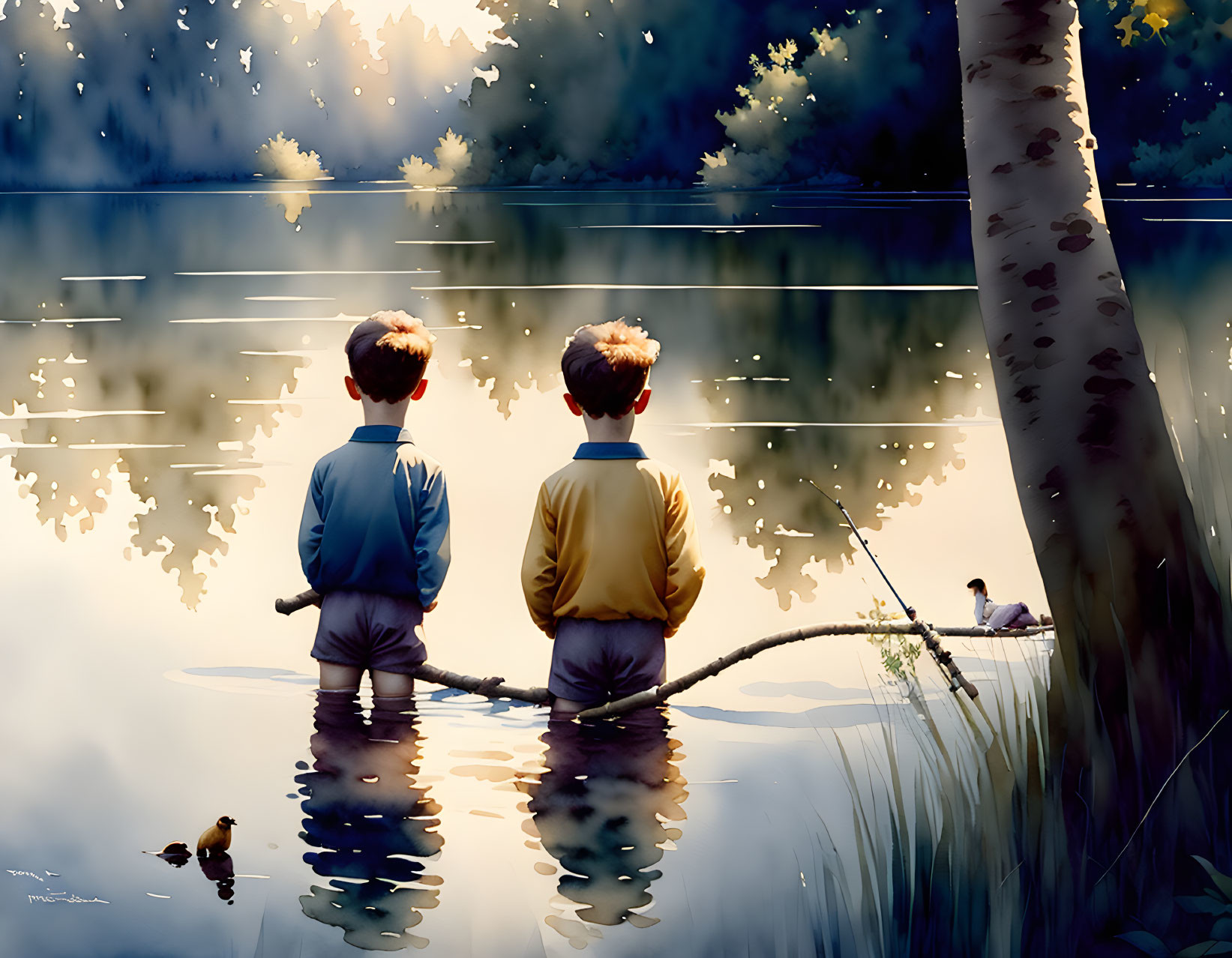 Boys fishing on dock at sunset by tranquil lake