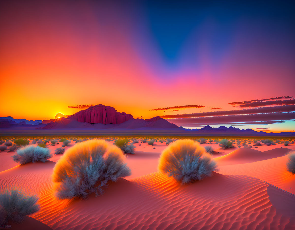 Colorful desert sunset with orange and blue skies above sand dunes.