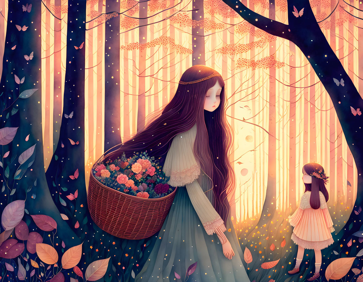 Whimsical forest scene with two girls and glowing lights