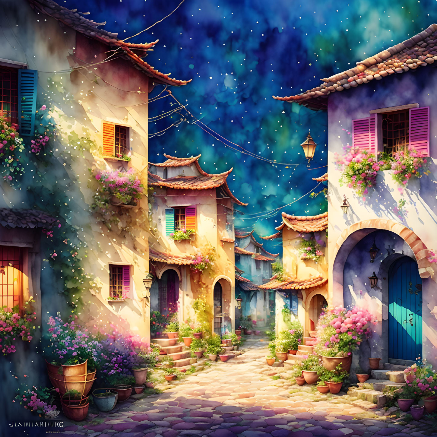 Charming village street scene with cobblestone path, starry sky, pastel houses, flowering