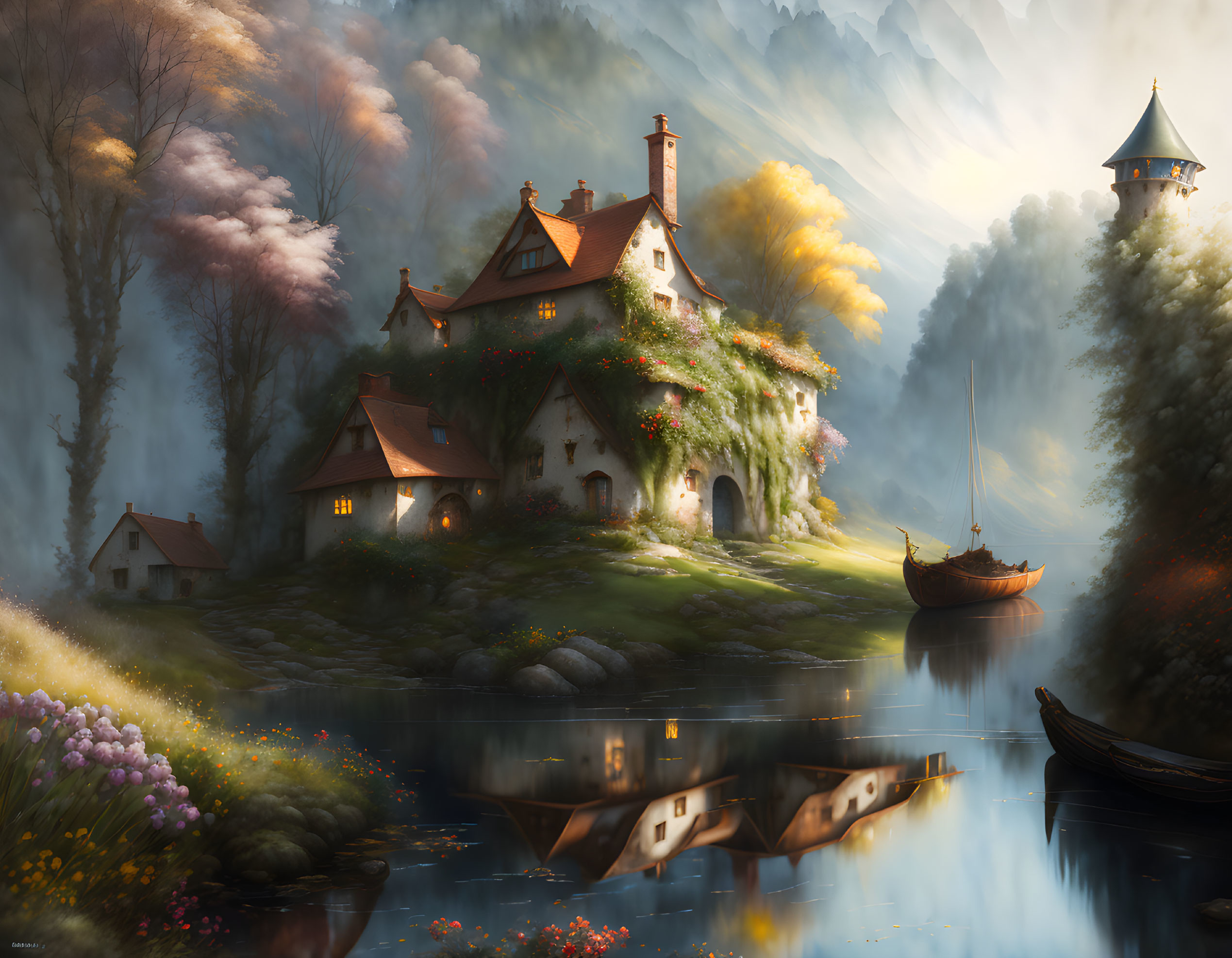 Tranquil fantasy landscape with cottage, lake, lush nature, and boat