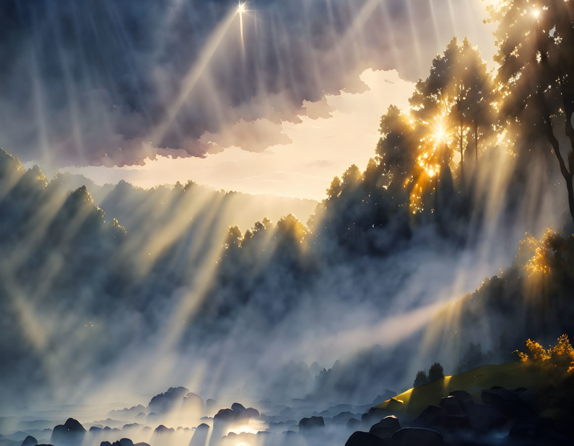 Forest scene with sunbeams and mist creating magical ambiance