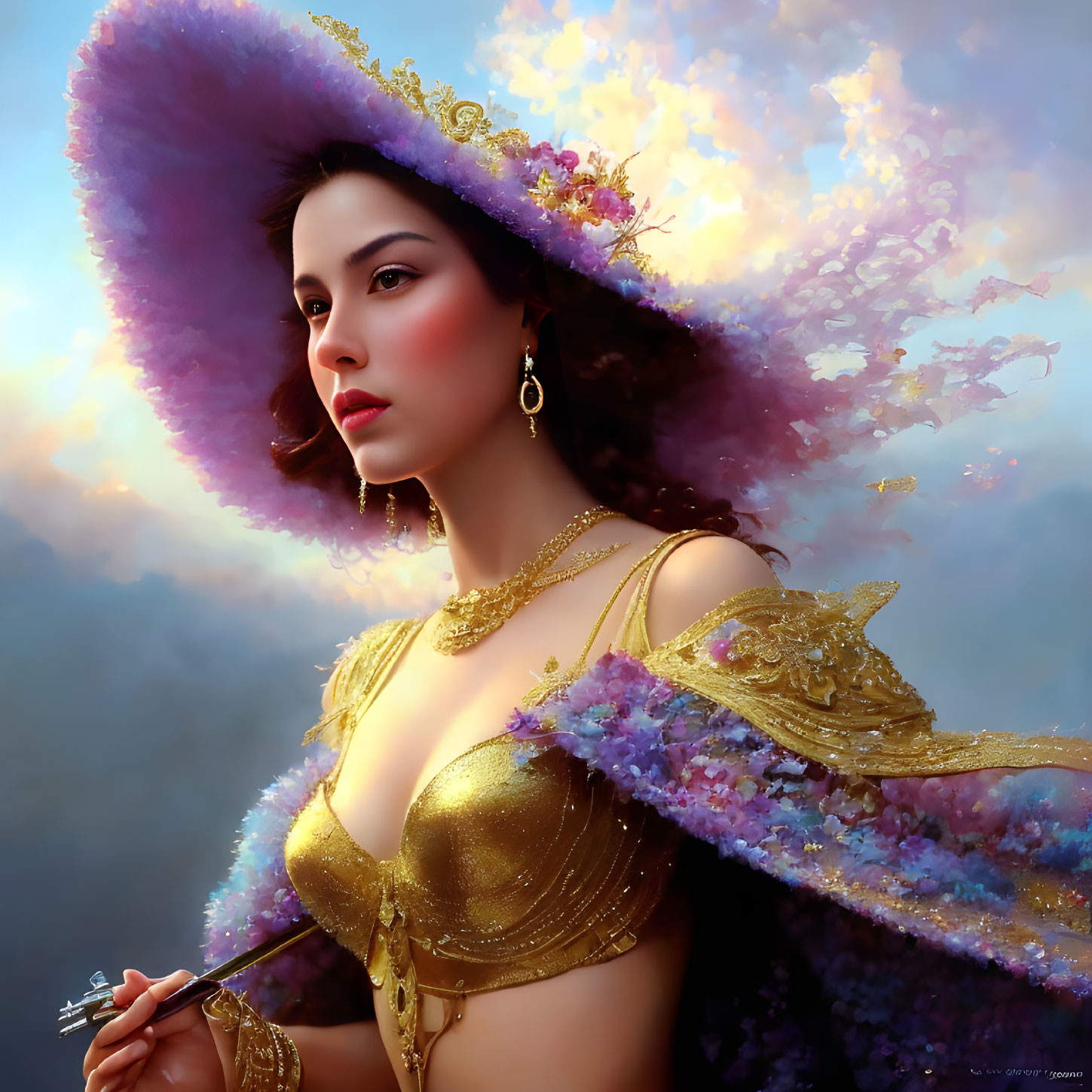 Digital portrait of a woman in gold top and purple feathered hat against cloudy backdrop