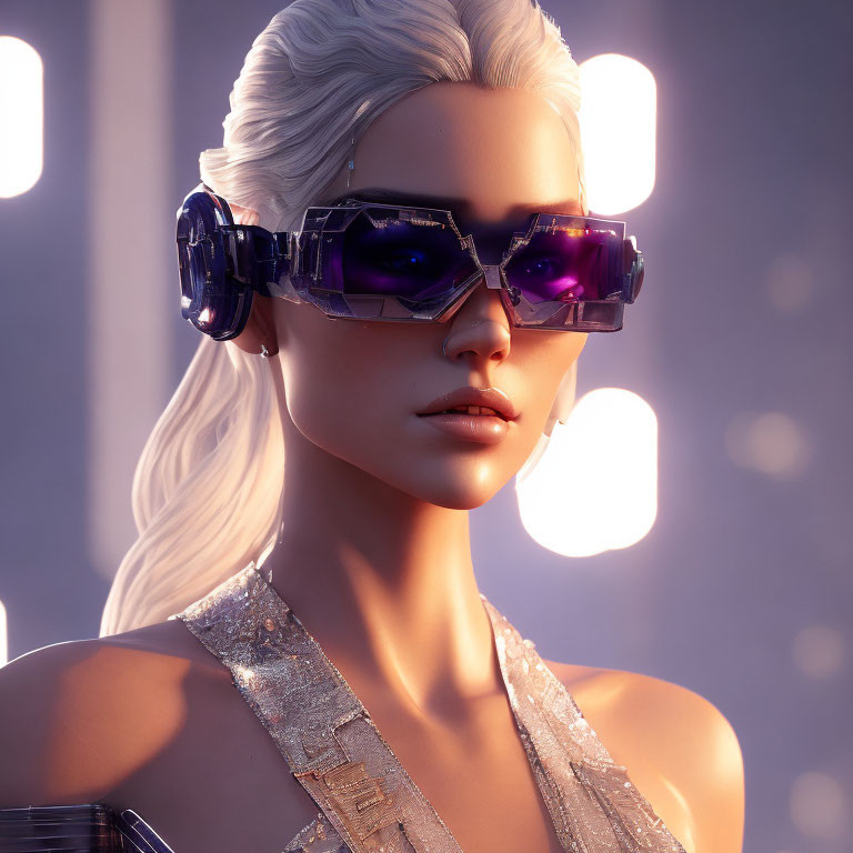 Futuristic white-haired woman in purple sunglasses under soft lights