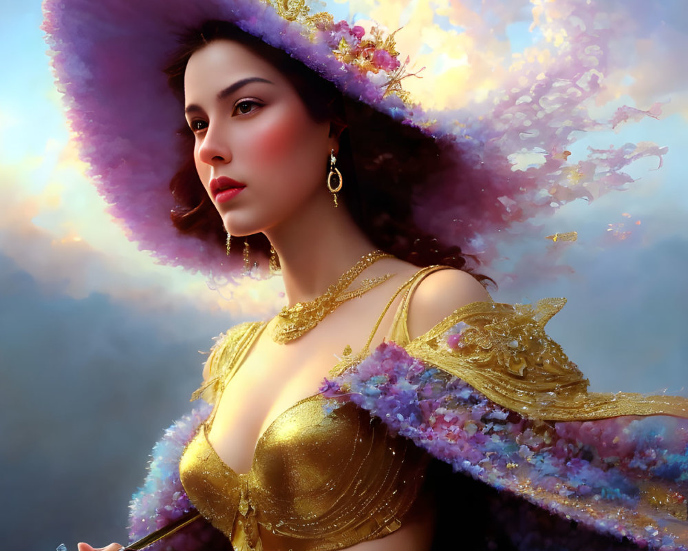 Digital portrait of a woman in gold top and purple feathered hat against cloudy backdrop