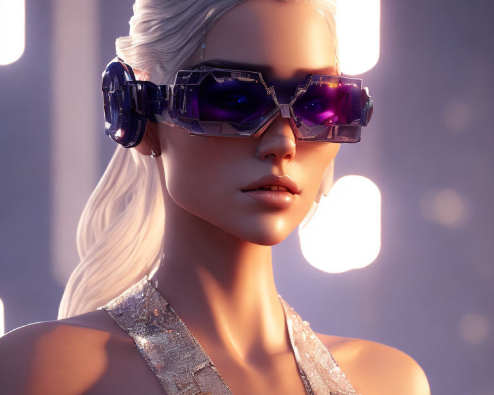 Futuristic white-haired woman in purple sunglasses under soft lights