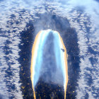 High-altitude Earth view: Coastal cities at night and massive waterfall.