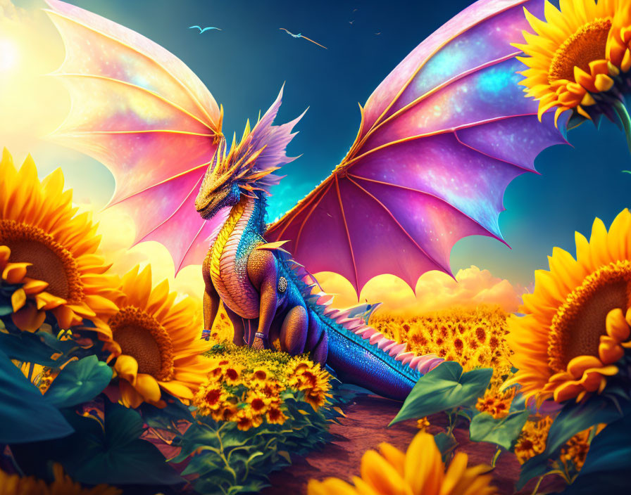 Blue dragon in sunflower field under sunset sky with pink wings