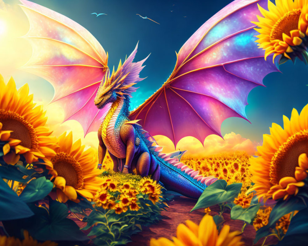 Blue dragon in sunflower field under sunset sky with pink wings