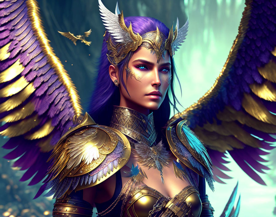 Fantasy warrior woman with purple hair and majestic wings in ethereal forest.