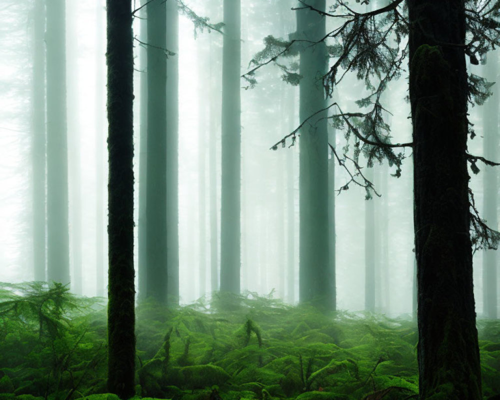 Mystical forest with tall trees and lush green moss in foggy ambiance