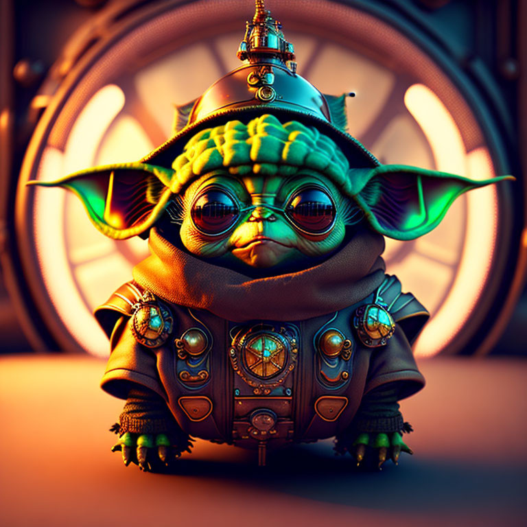 Steampunk Baby Yoda Character Art in Clockwork Setting