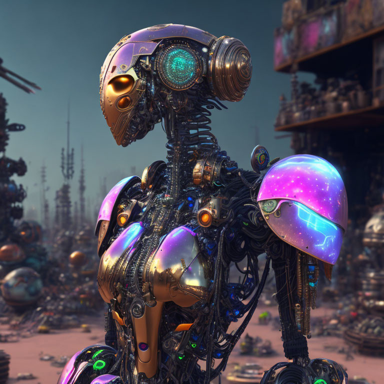 Futuristic robot with glowing circuitry head and iridescent armor plates