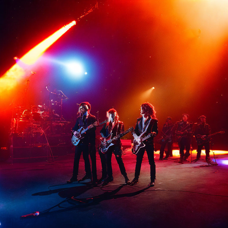 Vibrant Red and Yellow Stage Lighting with Guitarists and Drummer