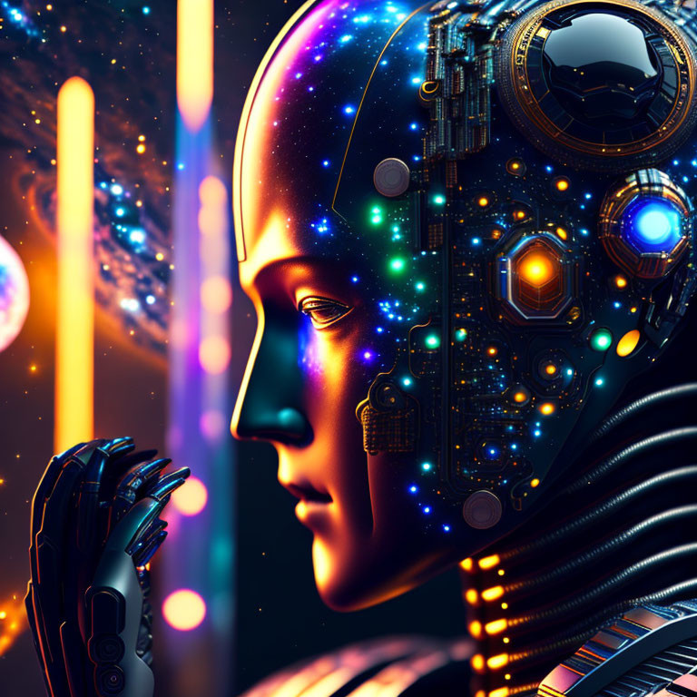 Robotic humanoid digital art with galaxy-themed head