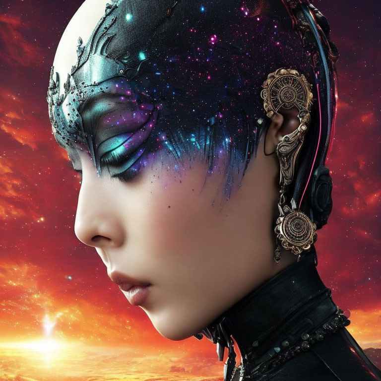 Cybernetic head with metallic details against star-filled sunset sky