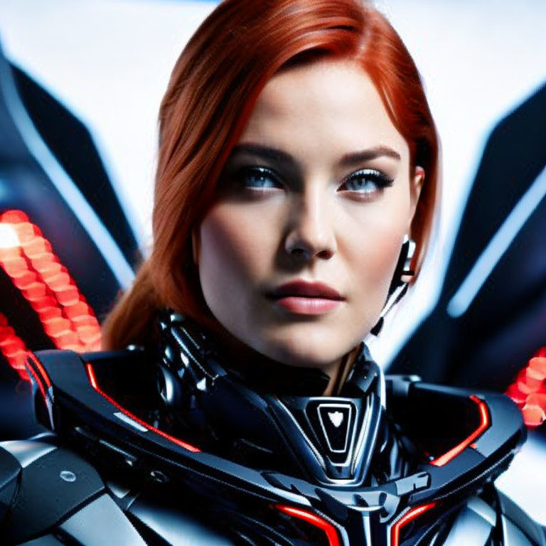 Red-haired woman in futuristic black armor and headset on abstract blue and white backdrop