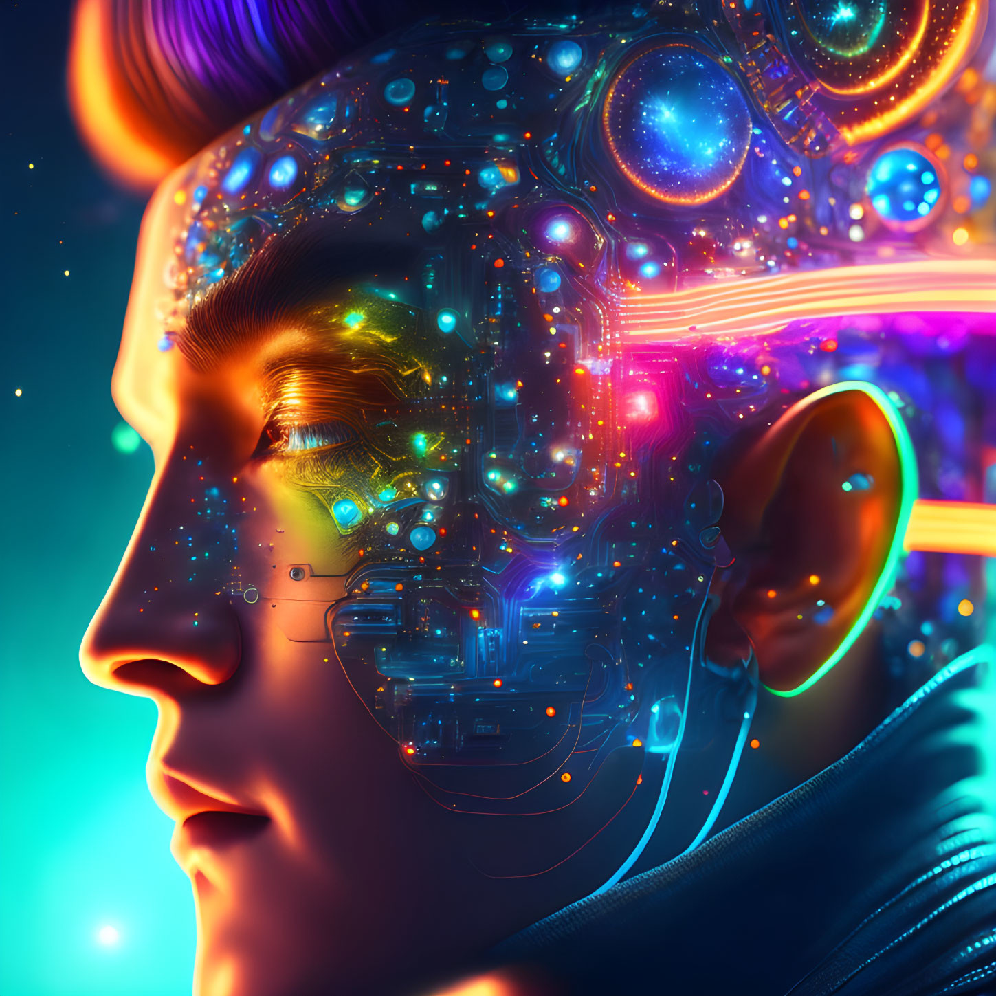 Colorful digital artwork: Cyborg profile with cosmic and circuitry motifs