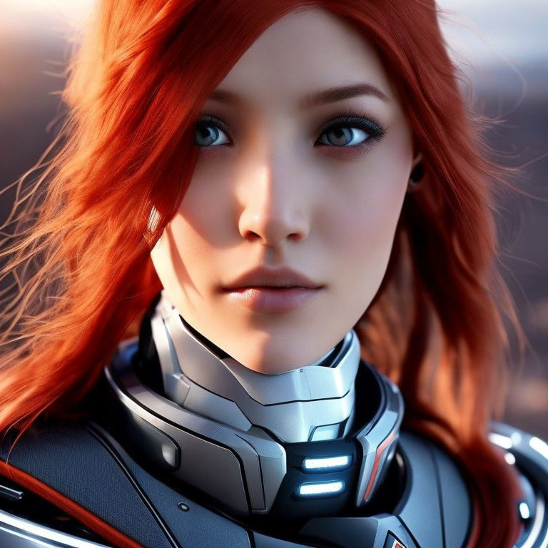 Close-up of female with red hair and blue eyes in futuristic armor.