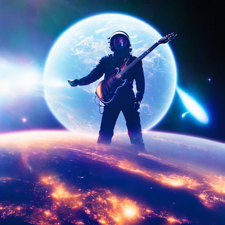 Astronaut with guitar in cosmic backdrop with Earth-like planet and galaxies