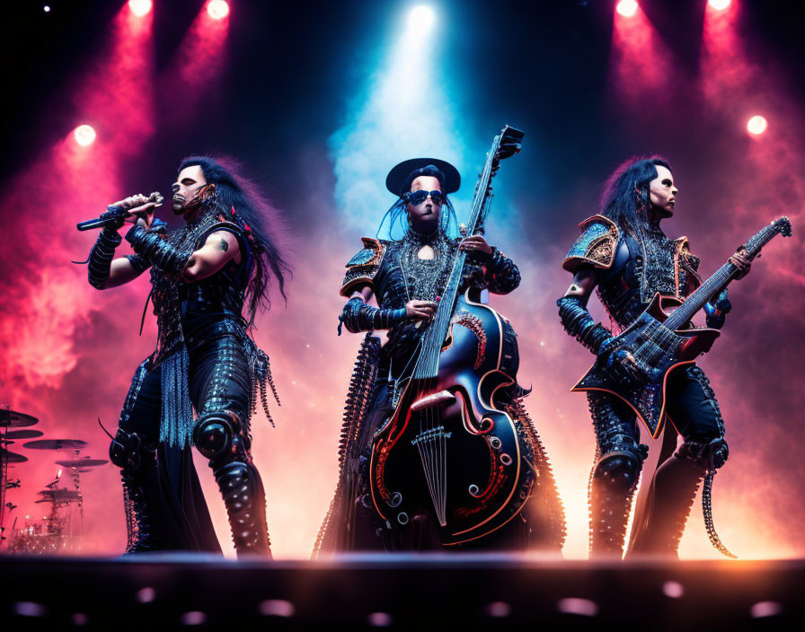 Gothic costume performers on stage with cello and guitarists