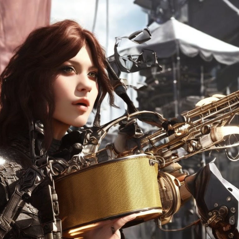 Detailed realistic female character in intricate armor with mechanical bow against industrial backdrop