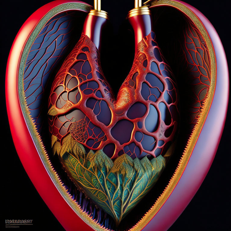 Intricate Heart Artwork with Metallic Elements