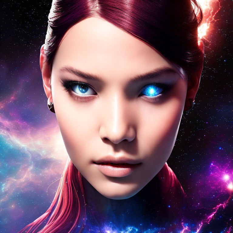 Digital portrait: Woman with blue glowing eyes and red hair on cosmic starry background