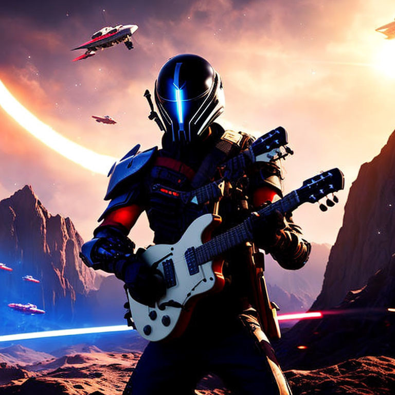 Armored figure playing electric guitar in futuristic setting