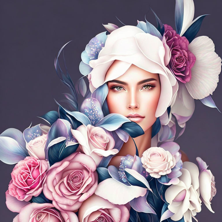 Woman with Floral and Feather Headdress and Pastel-Toned Roses